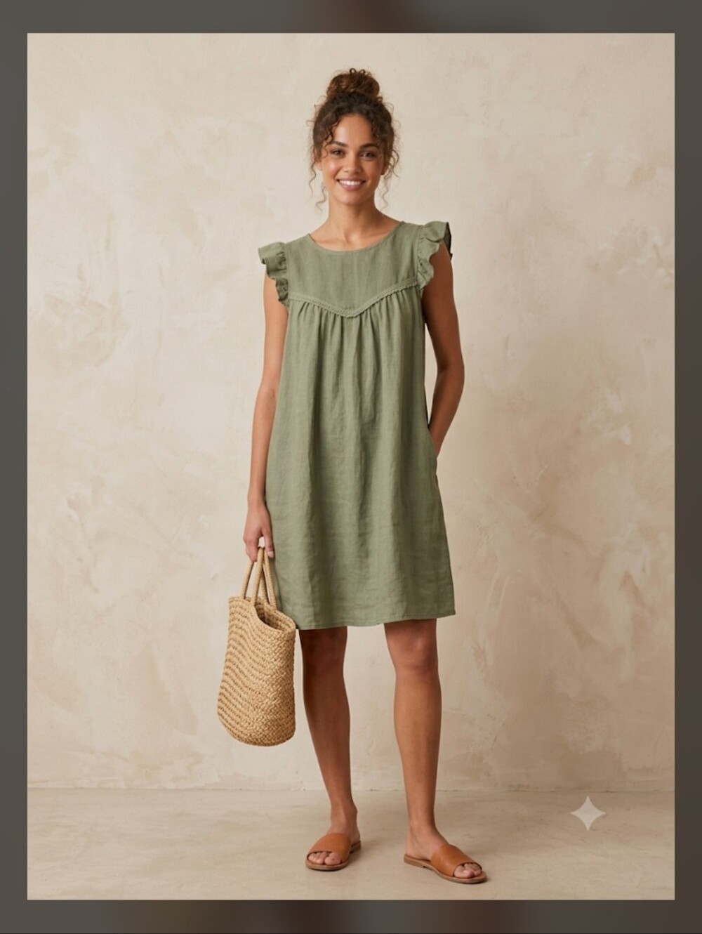ameè Sage Green 100% Linen Ruffle Sleeve Shift Dress Cottagecore